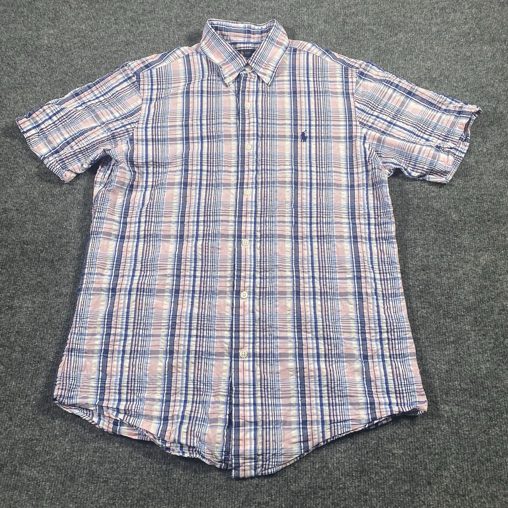 Ralph Lauren Mens Small Seersucker Plaid Short Sleeve Preppy Button Shirt